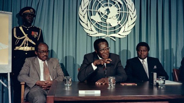 Mugabe speaking to the press in 1998 about African prize for leadership he would go on to recieve