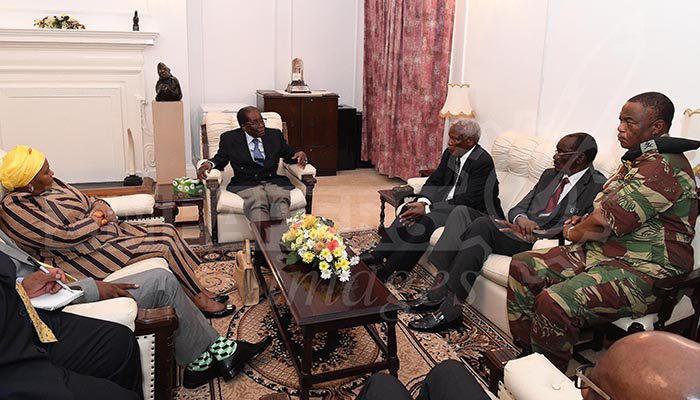 Latest images from Harare: President Mugabe meets ZDF Commander General Constantino Chiwenga, Father Fidelis Mukonori and South African envoys at State House this afternoon.