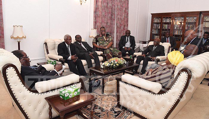 Latest images from Harare: President Mugabe meets ZDF Commander General Constantino Chiwenga, Father Fidelis Mukonori and South African envoys at State House this afternoon.