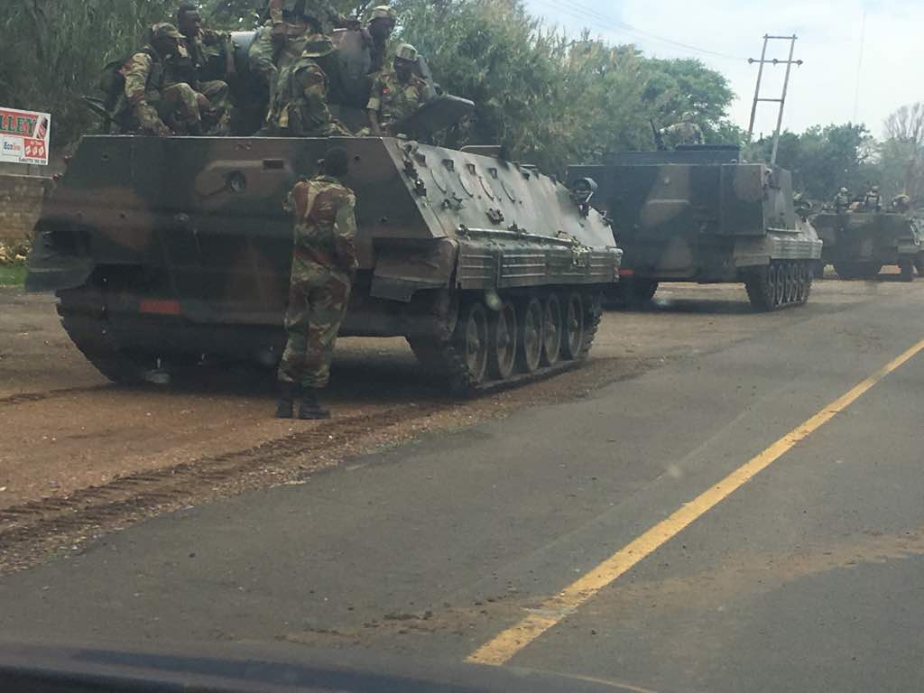 Zimbabwe: Army tanks seen heading towards capital Harare amid rising tensions between Robert Mugabe’s Zanu PF and military Zimbabwe: Army tanks seen heading towards capital Harare amid rising tensions between Robert Mugabe’s Zanu PF and military