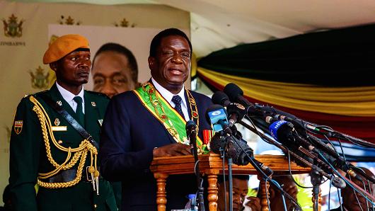 Zimbabwean President Emmerson Mnangagwa delivers a speech during Independence Day celebrations at the National Sports Stadium on April 18, 2018, in the capital Harare.