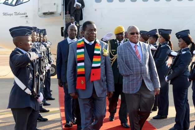 President of Zimbabwe Emmerson Mnangagwa arrives at Waterkloof Air Force Base ahead of the BRICS Africa Outreach Summit being held in Johannesburg, South Africa. He is received by Deputy Minister of Defence and Military Veterans Mr Kebby Maphatshoe. 26 July 2018 Picture byline: DIRCO News Service/ Jacoline Schoonees