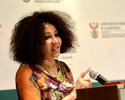 International Relations and Cooperation Minister Lindiwe Sisulu addressing media in Pretoria on Thursday.