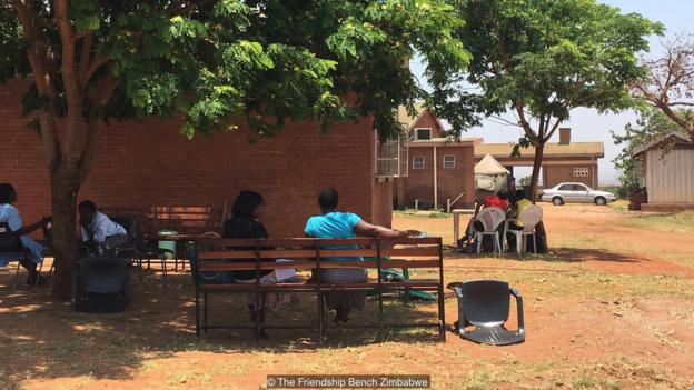 A friendship bench in Malawi (Credit: The Friendship Bench Zimbabwe) A friendship bench in Malawi (Credit: The Friendship Bench Zimbabwe)