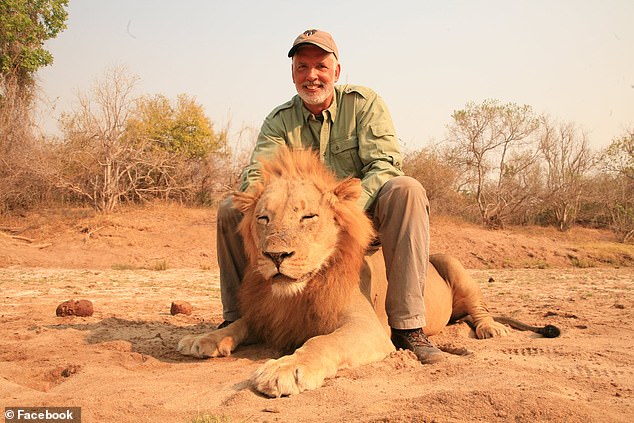 Guy Gorney poses straddling a dead lion in a photograph on his Facebook page, wearing the same outfit he is videoed killing a lion in Zimbabwe in 2011
