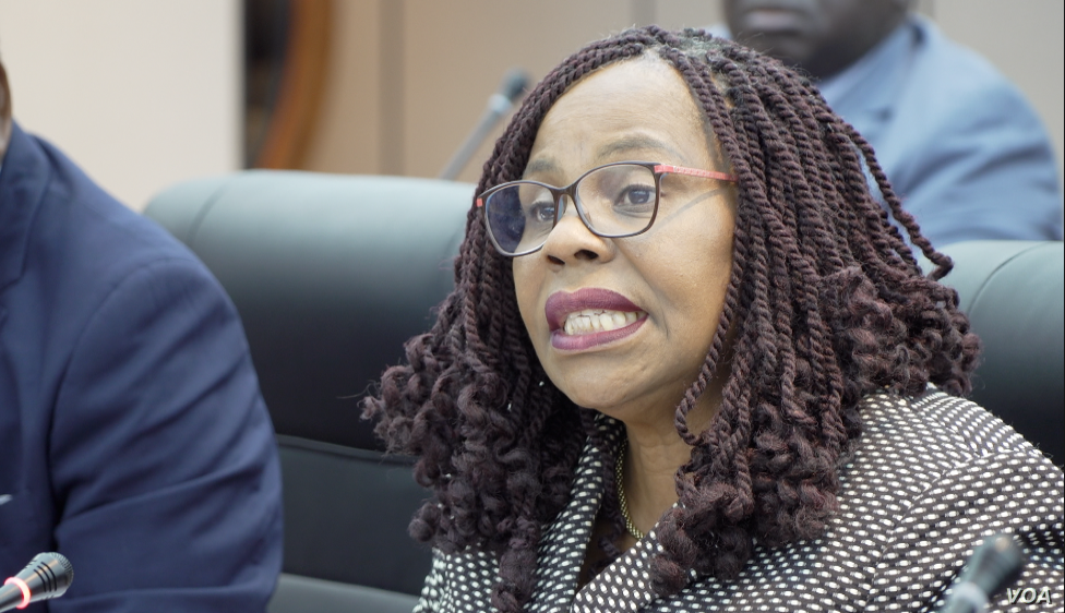 Monica Mutsvangwa, Zimbabwe’s information minister, says anti-government protests are counterproductive, in Harare, Aug. 14, 2019. (Columbus Mavhunga/VOA)