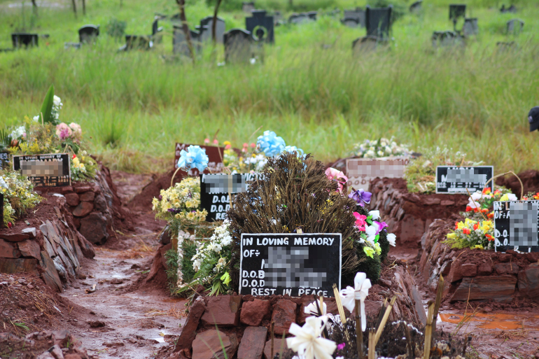 At Harare' Warren Hills cemetery, metal sheets used as makeshift tombstones to identify the graves show that the majority of the deceased died in the first half of the month [Chris Muronzi/Al Jazeera]