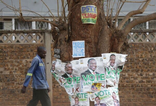 A man walks by a concrete fence and huge tree whose trunk is plastered with political posters showing the message, “VOTE" and the face of a smiling President Emmerson Mnangagwa.