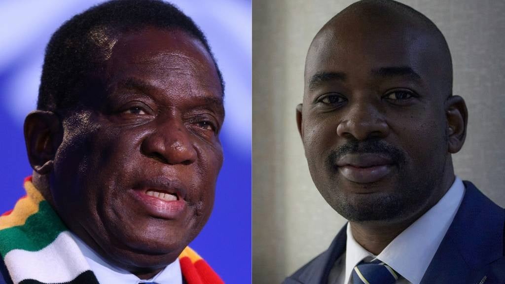 Zimbabwe's President Emmerson Mnangagwa and main opposition party leader Nelson Chamisa (R) of the Citizens Coalition for Change (CCC) are the leading candidates in Zimbabwe’s presidential race. Zimbabwe's President Emmerson Mnangagwa and main o